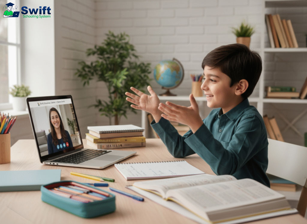 Student improving English grammar, reading, and speaking online at Swift Schooling System, the best online school in Pakistan