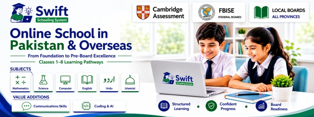 Swift Schooling online school for Pakistan and overseas students with Federal and Cambridge curriculum for Classes 1–8 and Pre-Board