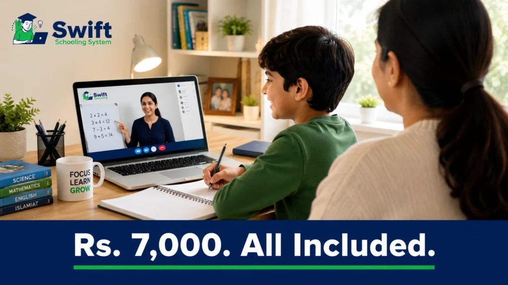 Parent watching child attend live Swift Schooling online class in Pakistan